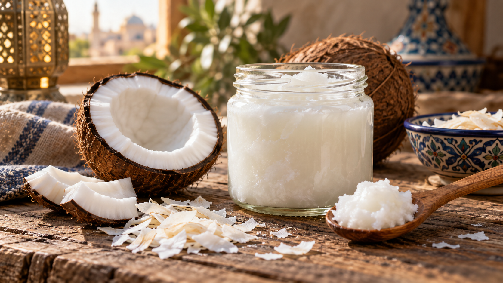 Uleiul de Cocos - Beneficiile si Utilizarea lui 6 Borcan cu ulei de cocos pe masa, fotografie alimentara realista